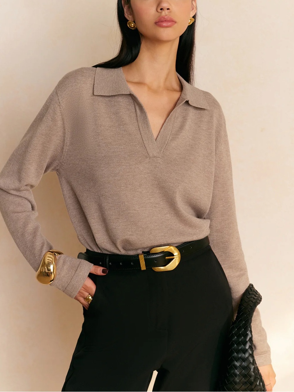 NWOT Commense Taupe Knit Polo Long Sleeve Sweater